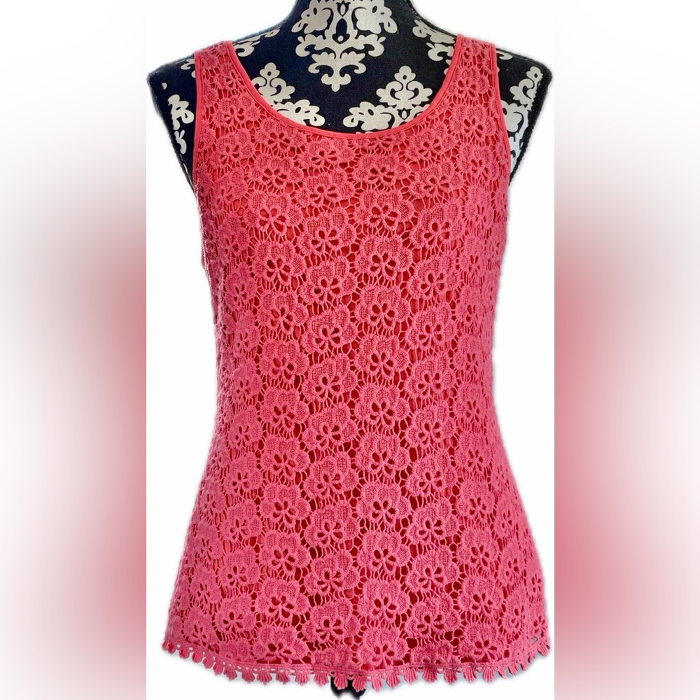Jennifer Lopez Coral Pink Crochet Floral Lace Sleeveless Lined Top Size Large
